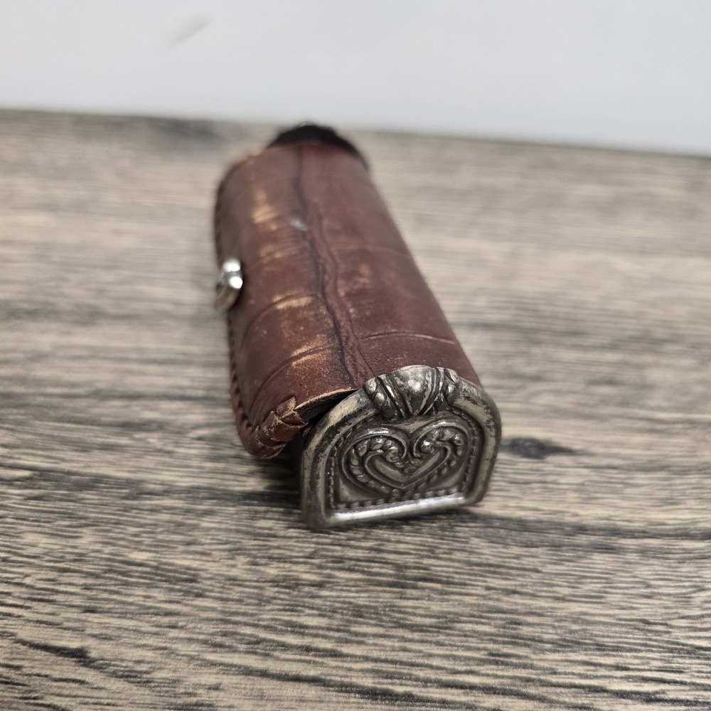 Vintage Brighton Lipstick Case Tube Holder Brown Leather Mirror Silver Heart